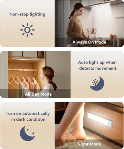 Vista 2 de Iluminación para debajo del gabinete, luz LED con sensor de movimiento para interiores, 2200 mAh USB recargable luces de armario funciona