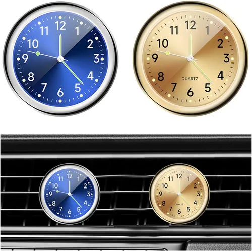 Vista 13 de Dickno 2 piezas de reloj de tablero adhesivo para automóvil, mini relojes de ventilación de cuarzo analógico luminoso, relojes de ventilación