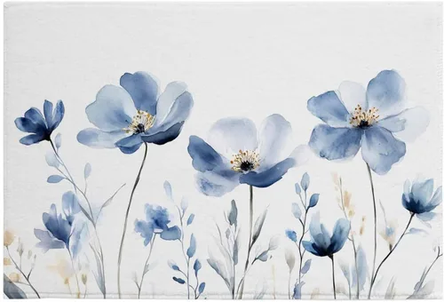 Vista 2 de Blue Flower Bathroom Runner Rug Bathmat Soft Bath Shower Bathtub Kitchen Door Mat,Botanical White Floral Plant Herb Watercolor Washable Floor