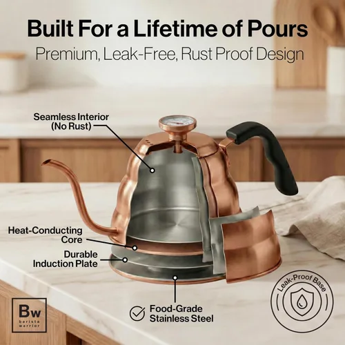 Vista 6 de Barista Warrior - Hervidor de café de cuello de cisne con termómetro – Hervidor de cuello de cisne para café y té, de acero inoxidable para todas