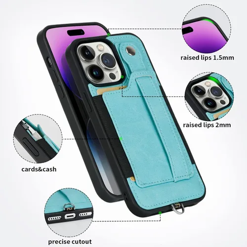 Vista 9 de TOOVREN Funda tipo cartera para iPhone 14 Pro Max con tarjetero y cordón para iPhone 14 Pro Max, funda con correa para cartera, soporte de cuero