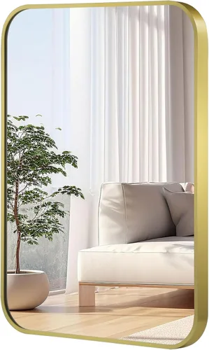 Vista 14 de Espejo de pared negro de 22 x 30 pulgadas para baño, espejo con marco de metal cepillado con esquina redondeada, espejo rectangular de tocador