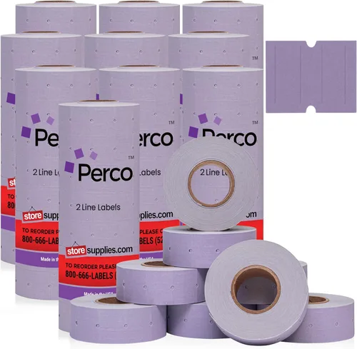 Vista 22 de Perco Etiquetas amarillas de 2 líneas, 8 rollos, 1 manga, 6,000 etiquetas de precio en blanco y fecha para pistolas Perco de 2 líneas de precio