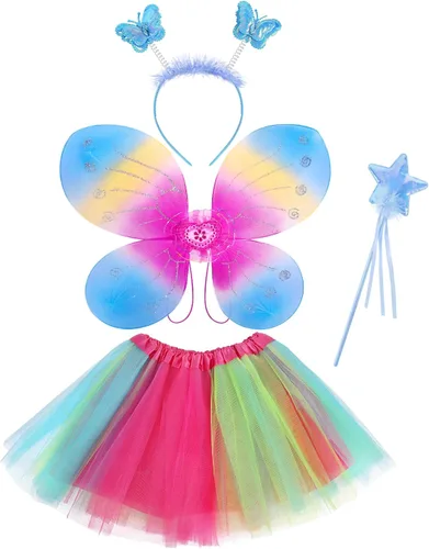 Vista 8 de 4 piezas de disfraz de hada de mariposa para niñas, conjunto de disfraz de princesa con alas, falda tutú, varita para niñas de 3 a 8 años, rosa