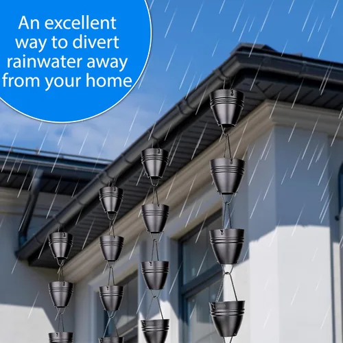 Vista 2 de Cadena de lluvia de rayas gemelas de 8.5 pies, aluminio recubierto de polvo negro, elegantes cadenas de lluvia para canaletas