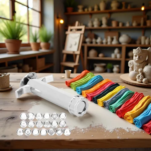 Vista 8 de 1 juego de extrusora de arcilla plateada, extrusora de lodo multifunción herramienta de escultura de modelado con 19 moldes de punta