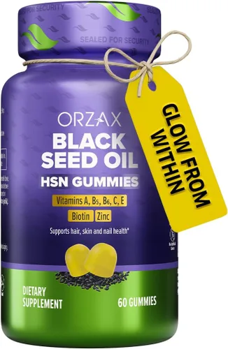 ORZAX Black Seed Oil HSN Gummies 500mg – Hair Skin Nails Support with Biotin, Vitamin C, A, E & Zinc – Pectin Based Gummy