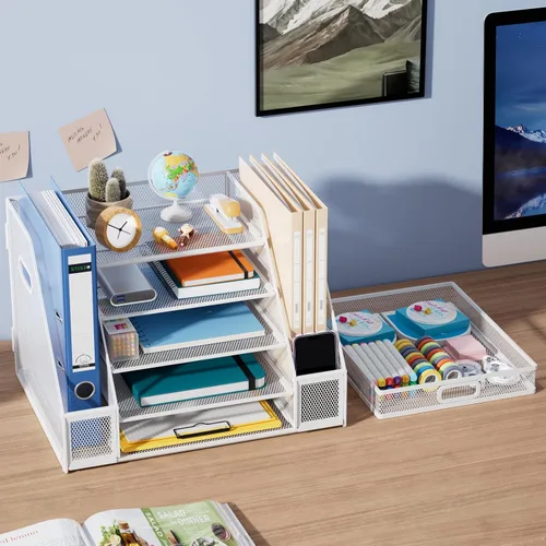 Vista 5 de Marbrasse Desk Organizers with File Holder, 5-Tier Paper Letter Tray Organizer with Handle, Mesh Desk Organizers and Accessories with Drawer and 2