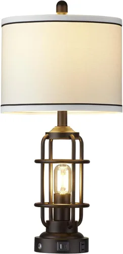Vista 9 de Modern Table Lamps Set of 2, Industrial 3-Way Dimmable Bedside Lamp with USB A+C Ports & AC Outlet, 25" Touch Control Nightstand Lamp LED Night