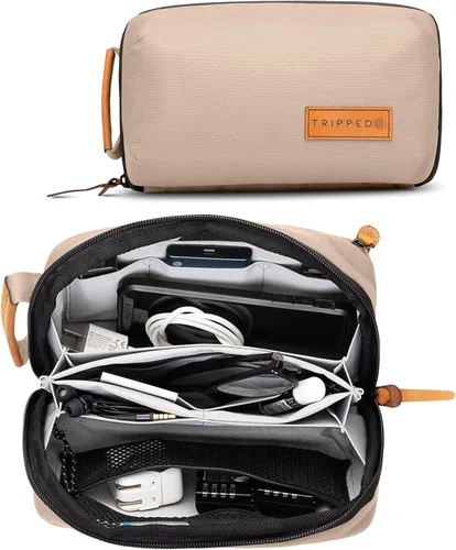 Vista 11 de Tech Bag Organizer - Pequeña bolsa organizadora de electrónica para viajes, funda de viaje premium con detalles de cuero, bolsillo de malla