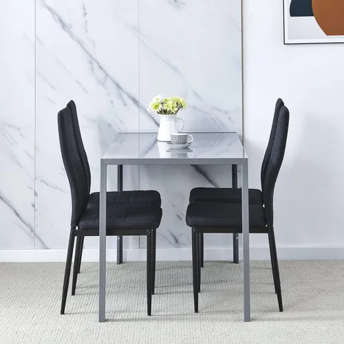 Vista 24 de Moderna mesa de comedor negra de 5 piezas con sillas para 4 personas, mesa de comedor de vidrio templado y sillas de cocina, juego de 4 piezas