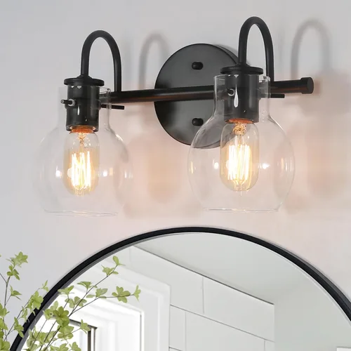 Vista 11 de KSANA Lámparas de baño negras, 4 luces modernas de casa de campo negras con pantalla de vidrio transparente sobre espejo para pasillo, cocina