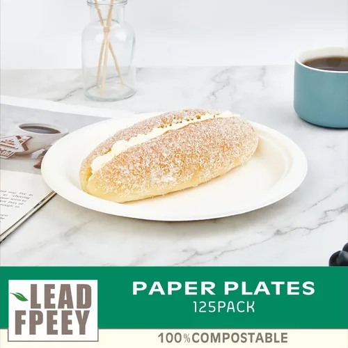Vista 5 de leadfpeey Platos de papel 100 % compostables de 7 pulgadas (paquete de 125) platos resistentes, plato de bagazo desechable natural, ecológico, hecho