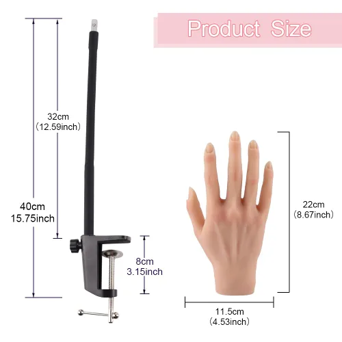 Vista 5 de Mano de práctica de silicona para uñas acrílicas, manos de maniquí para práctica de uñas con soporte ajustable, mano falsa de tamaño real para uñas