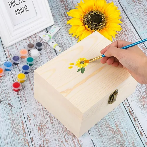 Vista 4 de Paquete de 2 cajas de madera sin terminar, caja grande de madera con tapa con bisagras, cierres frontales, cajas de madera natural