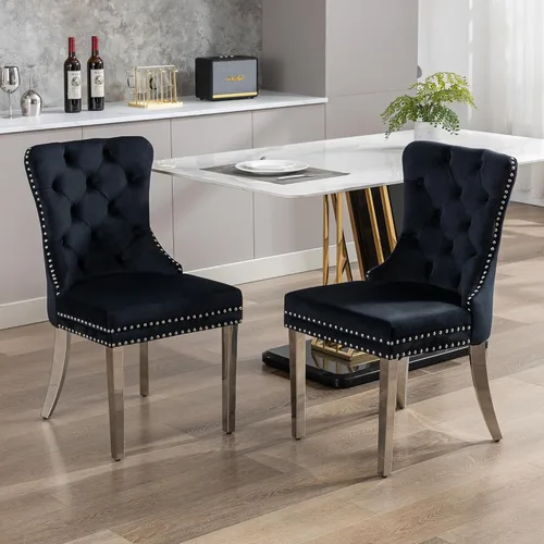 Vista 30 de KCC Juego de 6 sillas de comedor de terciopelo, silla de comedor tapizada de alta gama con respaldo acolchado, anillo de tracción de cabeza de Beige