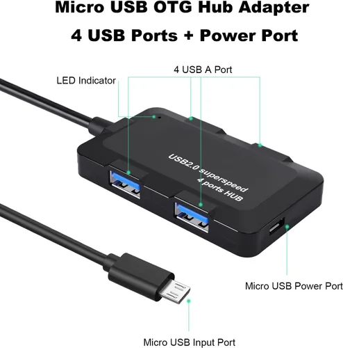 Vista 2 de AreMe Adaptador de cable micro USB OTG con 4 puertos USB + puerto de alimentación para Fire Stick 4K y más dispositivos host