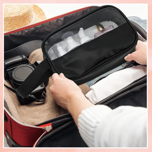 Vista 7 de Tanlade 18 bolsas de cosméticos transparentes a granel, bolsa de maquillaje translúcida para mujer, impermeable, portátil, juego de bolsas de Negro