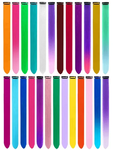 Vista 25 de 20 extensiones de cabello de colores, coloridas extensiones de cabello sintético con clip, extensiones de cabello sintético largo y lacio