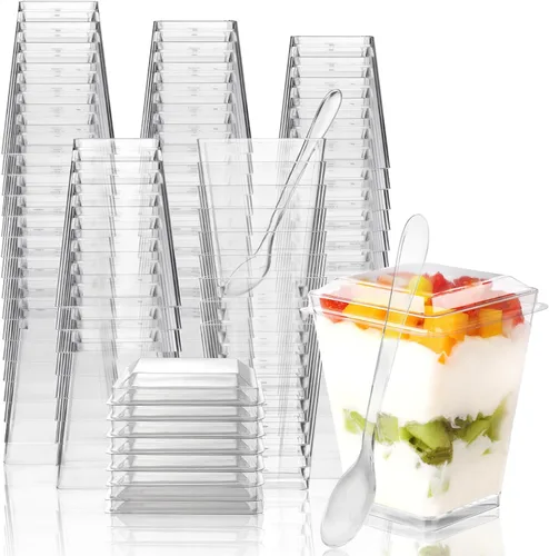 Paquete de 100 Vasos de Postre de Plástico de 5 oz con Tapas y Cucharas, Vasos de Parfait de Yogur y Aperitivos para Fiestas, Mini Vasos de Postre