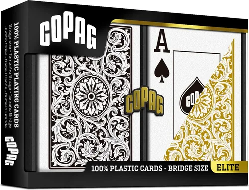 Vista 2 de Copag 1546 Diseño 100% Plástico Cartas de Juego, Tamaño Bridge (Estilo Estrecho) Negro/Oro (Índice Jumbo, 1 Juego)