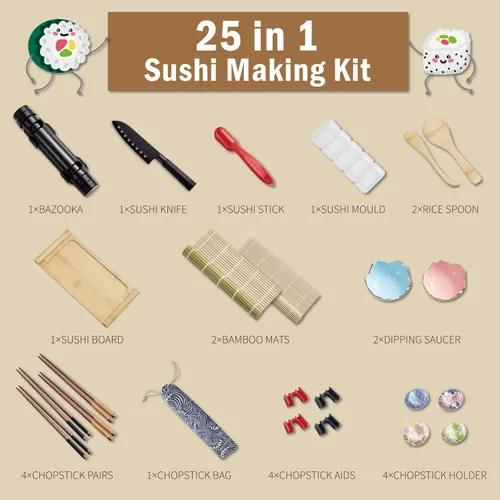 Vista 2 de Juego Deluxe de Fabricación de Sushi 25-en-1 con Bazooka, Rodillo, Estera de Bambú, Cuchillo, Bandeja para Salsa, Plato Japonés de Sashimi de Bambú