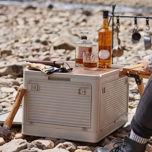 Vista 5 de Contenedores de almacenamiento plegables con tapas de madera, caja de almacenamiento plegable de plástico con tabla de cortar, contenedor portátil