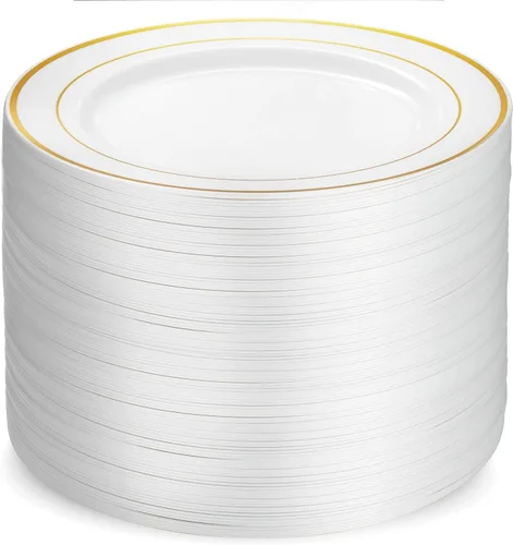 Munfix Juego de 100 platos de plástico dorados, 10 pulgadas, elegantes platos desechables para fiestas, bodas, color blanco con borde dorado