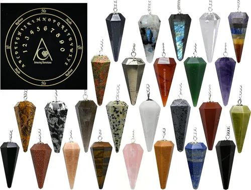 Amazing Gemstone Paquete de 11 Péndulos de Cristal Conjunto a Granel con Tablero de Péndulo - Cristales a Granel al Por Mayor