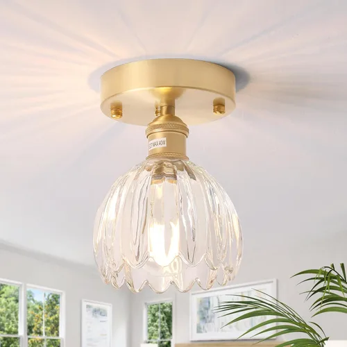 Vista 14 de Shenmoyl Luces de pasillo doradas de montaje semiempotrado con vidrio Scindapsus transparente, bombilla incluida, base de 4.72 pulgadas, lámpara