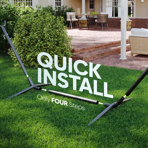 Vista 6 de Hamaca con soporte para exterior, hamaca portátil de 600 libras con bolsa de transporte para patio exterior de 2 personas, resistente, fácil montaje