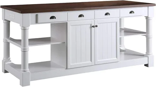 KD03-80-W-WD Monterey Isla de cocina de granja de 80 pulgadas en color blanco con encimera de chapa de madera de nogal oscuro, no requiere montaje e