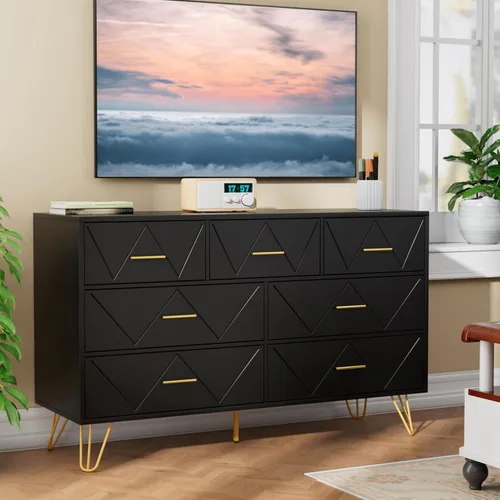 Vista 3 de JOZZBY Cómoda para dormitorio, cómoda de madera negra de 7 cajones con asas doradas, cómodas de almacenamiento modernas y cómodas para pasillo