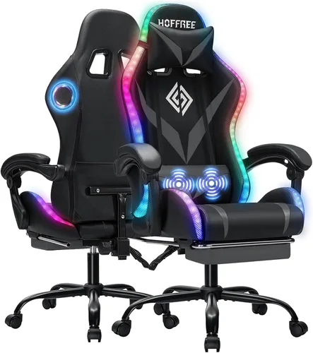 Vista 18 de Silla de juegos con altavoces Bluetooth y luces LED RGB, silla ergonómica de masaje para computadora con reposapiés, silla de videojuegos, respaldo