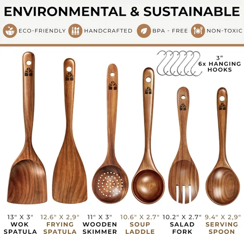 Vista 4 de Cucharas de madera para cocinar, juego de utensilios de madera de teca de primera calidad con ganchos, duradero, antiadherente, fácil de limpiar