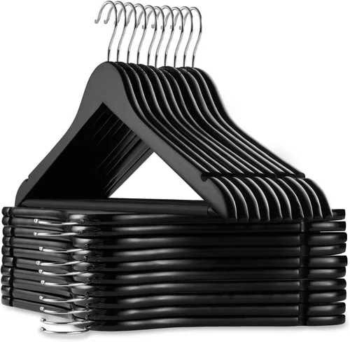 Vista 21 de Casafield - 10 Perchas de Madera Negra para Trajes - Madera de Loto Premium con Muescas y Gancho Giratorio Cromado para Ropa de Vestir, Abrigos