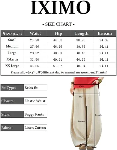 Vista 5 de Iximo Pantalones de lino y algodón, holgados, para mujer, con cintura elástica y ajuste relajado, informales, estilo harén