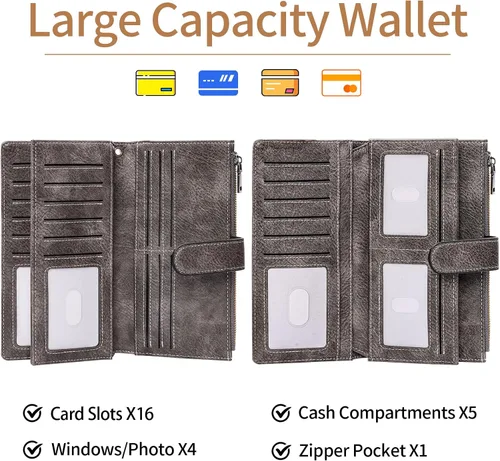 Vista 10 de XINNSTAR Cartera para mujer con bloqueo RFID de gran capacidad, cartera larga para mujer con bolsillo de muñeca, con ventana para tarjeta