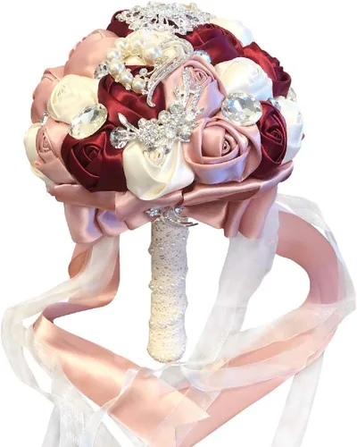 Vista 2 de Abbie Home Ramo de novia de lujo, ramo de broche de rosa rosa burdeos decorado con perlas y accesorios de joyería de diamantes de imitación