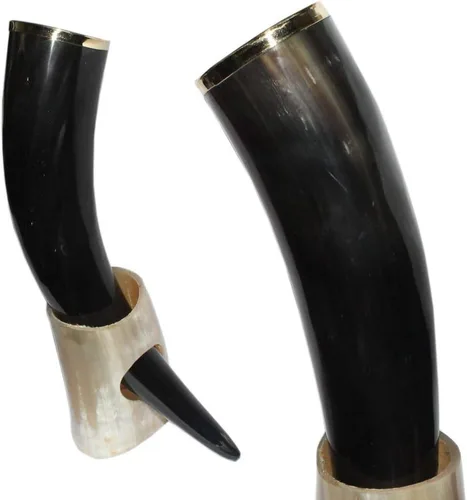 Vista 4 de Cuerno vikingo natural hecho a mano con soporte de cuerno para cerveza Wine Ale y Mead Champagne (borde de latón)