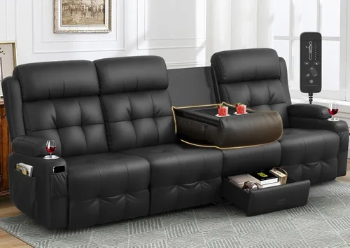 Vista 17 de Sofá reclinable, sofá reclinable con masaje de 3 plazas con gran capacidad de peso, sofá de dos plazas para RV con espacio libre con consola, USB
