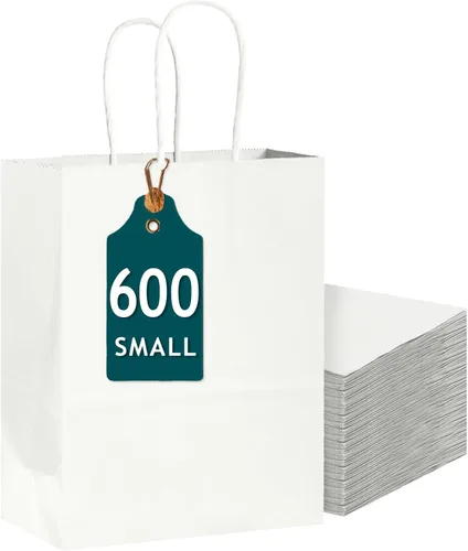 Vista 25 de Bakepacker Paquete de 60 bolsas de papel de regalo de tamaño pequeño con asas a granel de 8.3 x 6 x 3.16 pulgadas, bolsas de compras de papel kraft