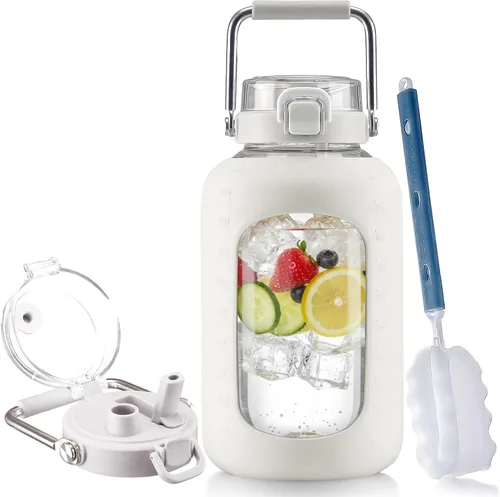 Vista 17 de BLUEGO Botella de agua de vidrio de 64 onzas con mango de acero inoxidable, botella de agua grande con marcadores de tiempo y funda de silicona