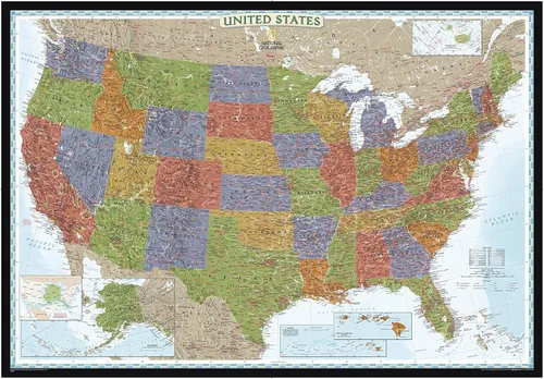 National Geographic: Mapa de pared decorador de Estados Unidos, tamaño extragrande, 69.25 x 48 pulgadas, lienzo enrollado