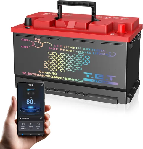 TET - Batería de litio de arranque para automóvil, BCI Group 49 Lifepo4, batería de iones de litio sin mantenimiento, batería automotriz de 12.8 V,