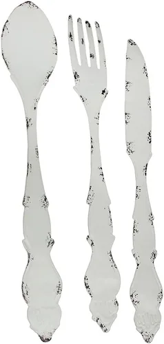 Vista 2 de Cuchillo de metal con acabado blanco rústico, tenedor y cuchara: juego de utensilios decorativos para decoración de cocina de granja, 30 pulgadas