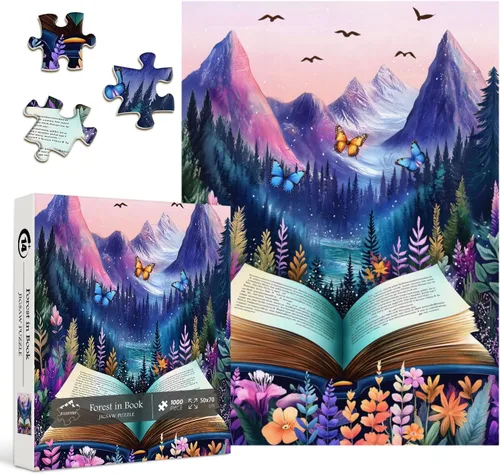 Vista 2 de Rompecabezas de libros coloridos para adultos, 1000 piezas, PICKFORU Impossible Nature Mountain Forest Puzzle Butterfly Bird, tema único de plantas