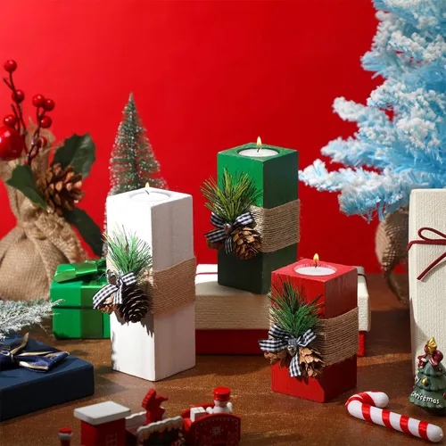 Vista 2 de Sliner 3 Piezas Portavelas de Navidad con Velas de Madera Portavelas de Té de Navidad Decoraciones Rojas Blancas Verdes Votivas de Madera Candelabro