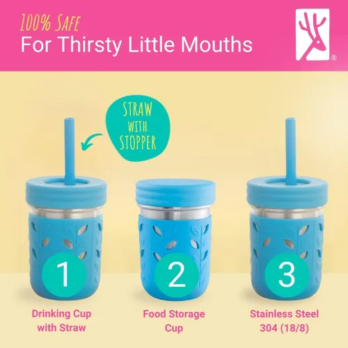 Vista 3 de Elk and Friends Vasos para Beber de Acero Inoxidable de 10 oz para Niños + Niños Pequeños El Tarro Mason Original con Fundas + Tapas Pajitas