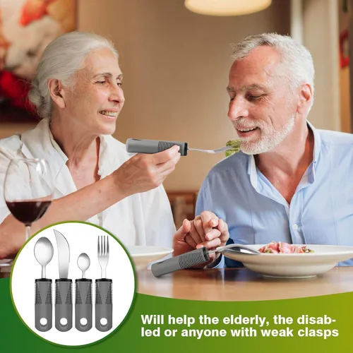 Vista 5 de Juego de 4 utensilios adaptativos para temblores de manos, Parkinson, artritis, pesado, fácil agarre, asas extra anchas - cuchillo, tenedor
